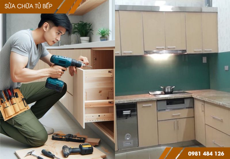 Dịch vụ Sửa chữa tủ bếp: Các loại tủ bếp bị cong vênh mối mọt, hỏng cánh, ray, hậu, đế, tay nắm…